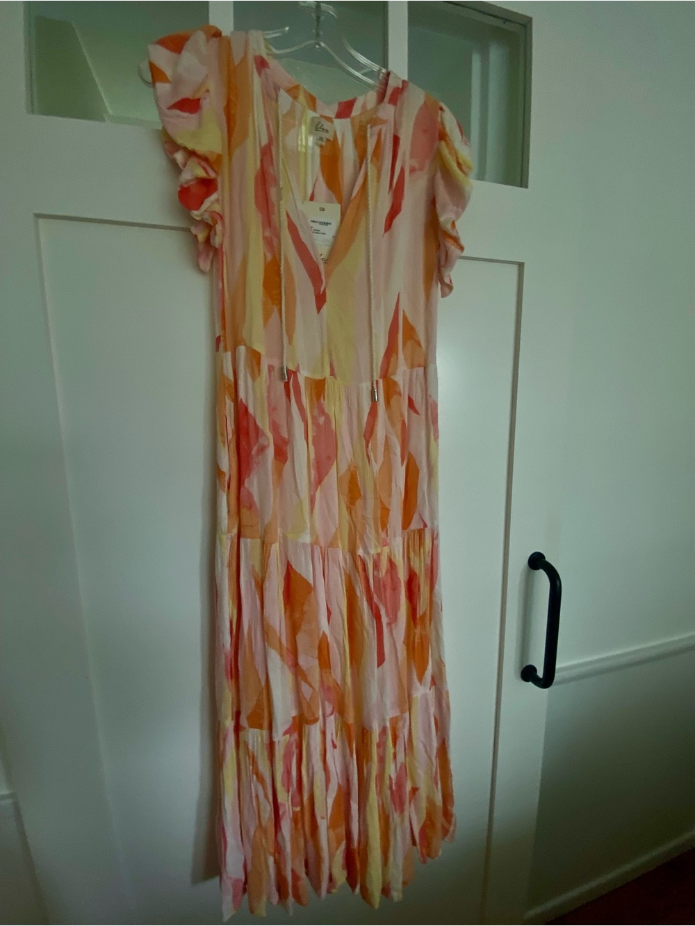 Elan Pink, Orange & Cream Abstract Tiered Maxi Dress with Flutter Sleeves